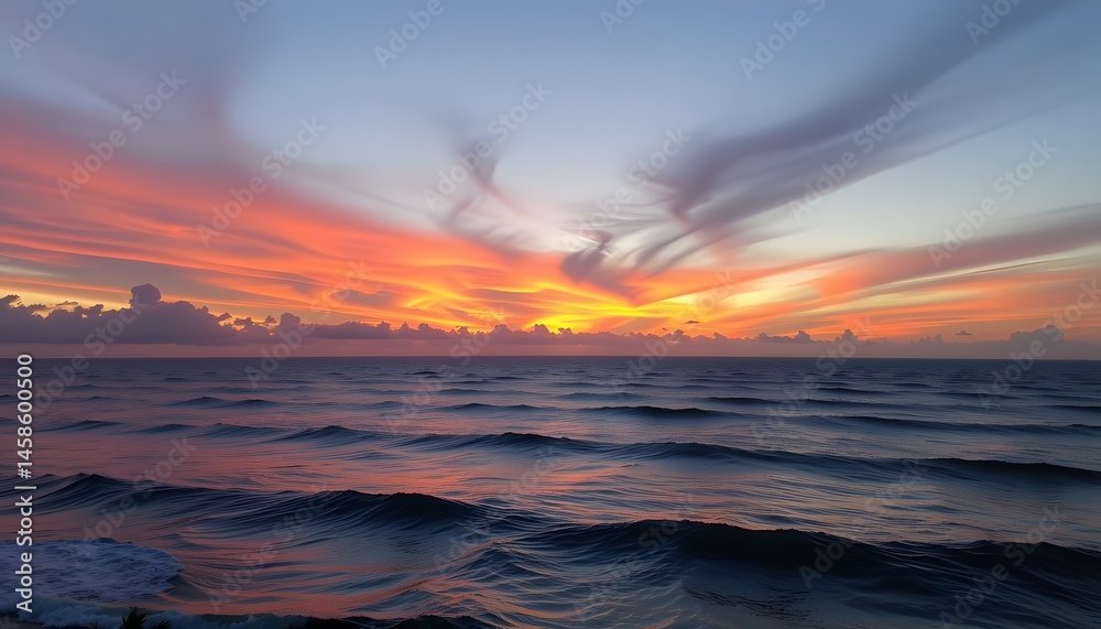Obraz premium as the sun began to set, the distant view of the ocean transformed into a mesmerizing display of colors shades of orange, pink, and purple painting the water in a breathtaking panorama.