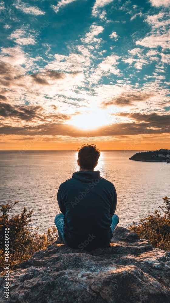 Fototapeta premium A man sits alone on a clifftop overlooking a stunning sunset on the ocean.