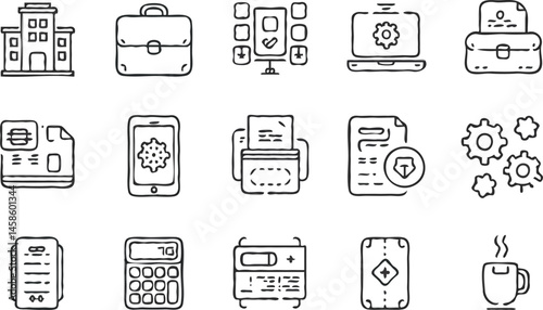 Business process web icons set in thin line design. Pack of inspection, hire, calculation money, coaching, protection, cooperation, success, task, other outline stroke pictograms.