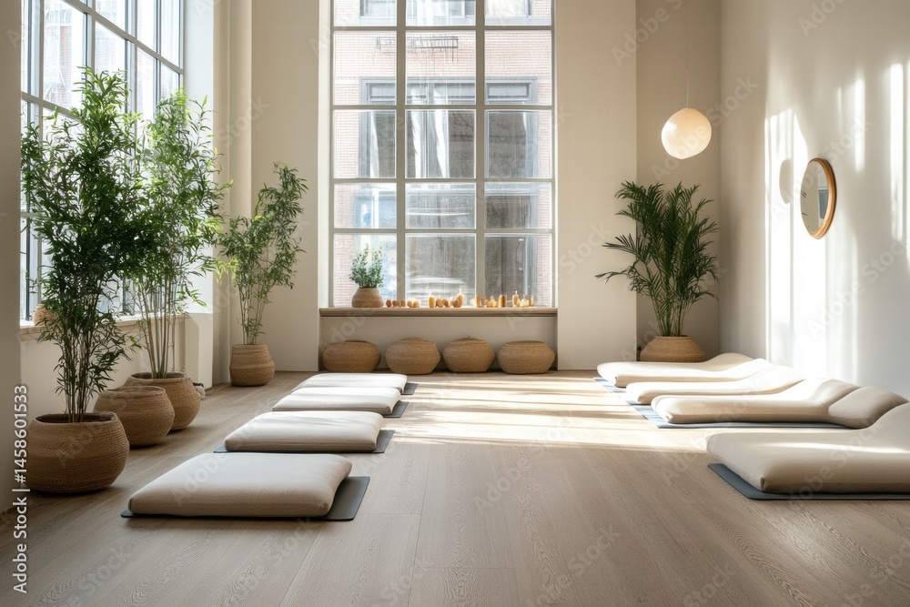 Fototapeta premium Yoga room with neutral tones and natural sunlight