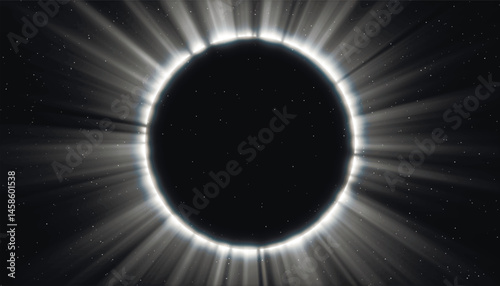 Abstract illustration of a total solar eclipse - astronomical phenomenon. Total solar eclipse background in shades of gray. A huge black hole in the center of the galaxy. Vector illustration.