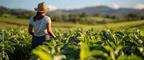 Focused female farmer cultivating plants at agriculture farm, rural backdrop