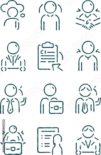 Business process web icons set in thin line design. Pack of inspection, hire, calculation money, coaching, protection, cooperation, success, task, other outline stroke pictograms.