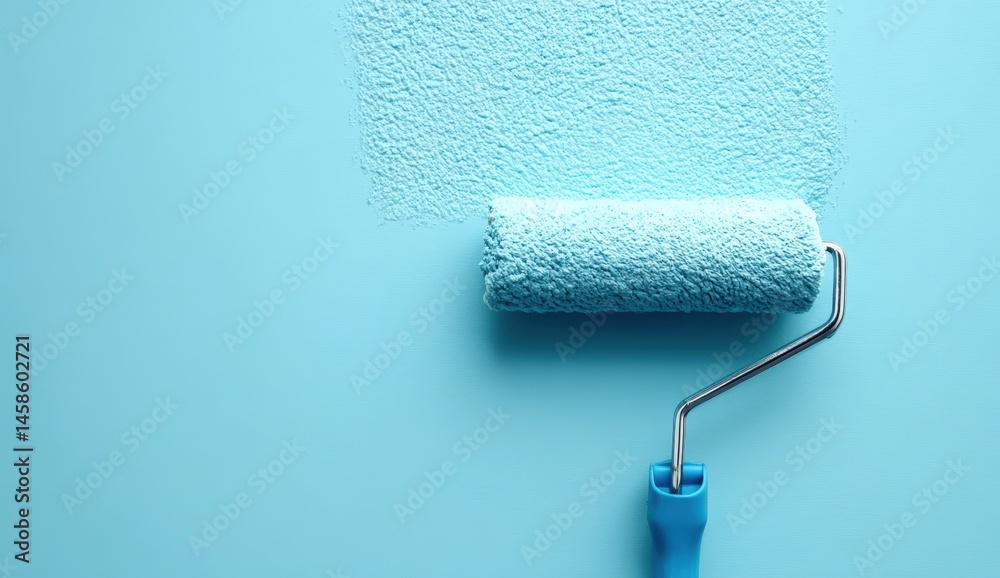 Obraz premium A paint roller applies light blue paint smoothly on a wall, suggesting a home improvement or renovation project.