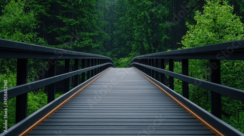 Serene wooden bridge surrounded by lush greenery in a tranquil forest setting.