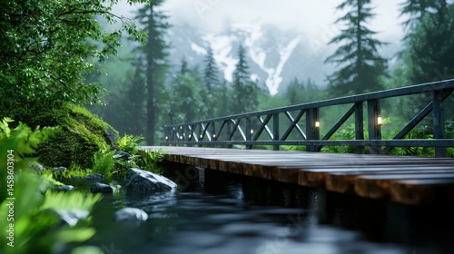 Serene wooden bridge over a tranquil stream in a lush forest setting.