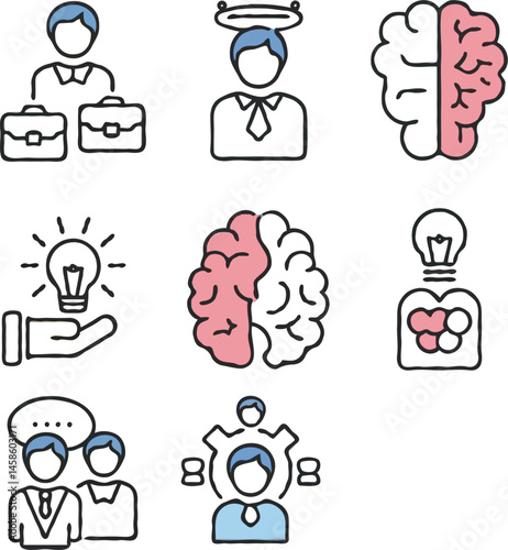Business process web icons set in thin line design. Pack of inspection, hire, calculation money, coaching, protection, cooperation, success, task, other outline stroke pictograms.