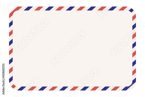 Air mail envelope with spriped border, stamp and mark. Retro Vintage postage card. Blank template with stamp. Airmail frame