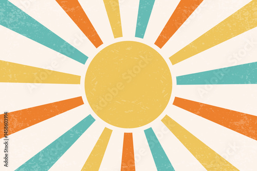 Retro sunrise background. Vector pattern with radial rays and grunge texture. 70s abstract vintage summer poster. Orange and green beams on old paper backdrop