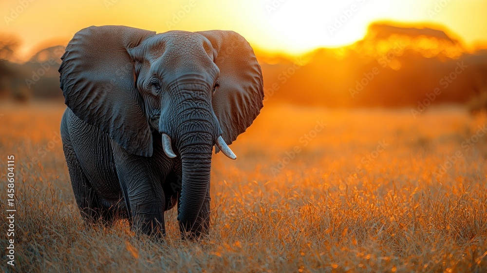 Fototapeta premium Elephant in golden grass under a radiant sunset glow
