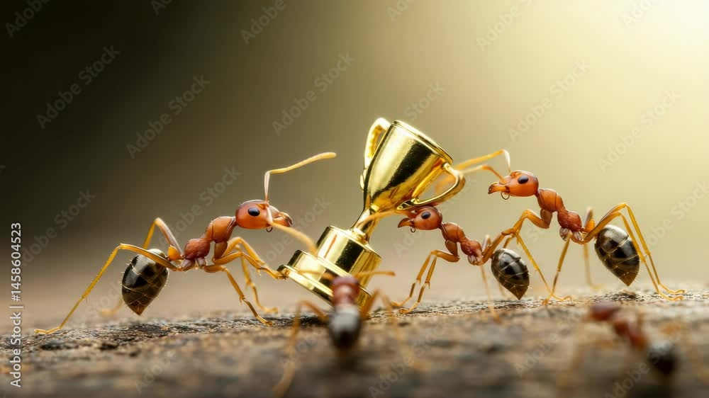 Ants Lifting a Golden Trophy - Three red ants cooperatively lift a miniature golden trophy, showcasing teamwork and achievement. The scene is set against a blurred background of warm, earthy tones