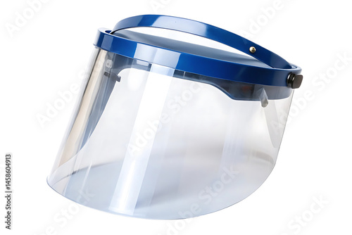 A medical face shield with a transparent visor, isolated on a transparent background.