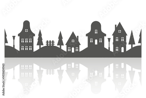Silhouette of neighborhood houses. Small homes and buildings on skyline. Christmas town and village on white background. Row of cottages on the street with fir trees. Seamless border with reflection