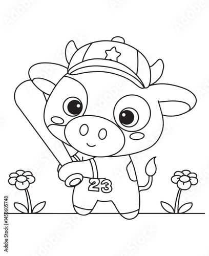 Coloring book calf ready to swing baseball play Energetic and playful creative coloring kid