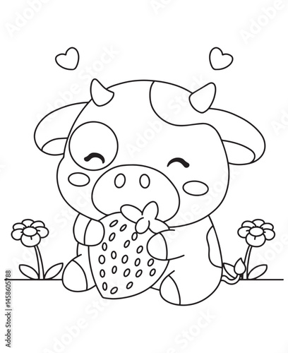 Coloring book calf enjoys a strawberry treat Cute and delightful