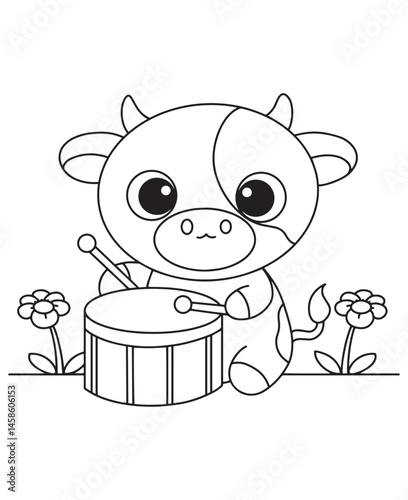 Coloring book calf beats the drum with joy Energetic and charming