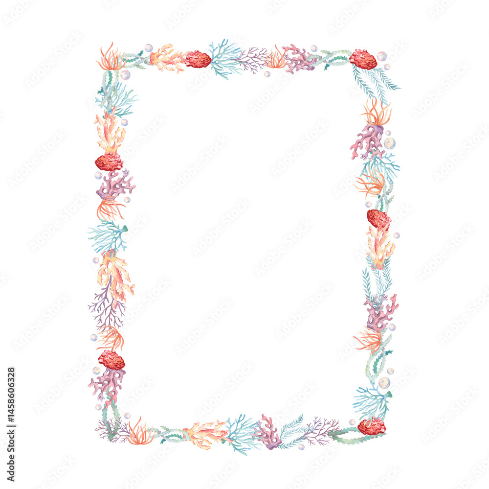 Rectangular frame with watercolor sea elements. Marine collection. Hand drawn watercolor Rectangular frame with watercolor sea elements. Marine collection. Hand drawn watercolor