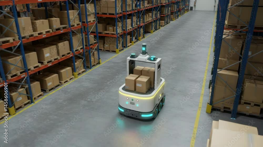 Autonomous Robot Transporting Cardboard Boxes in Warehouse - A white ...