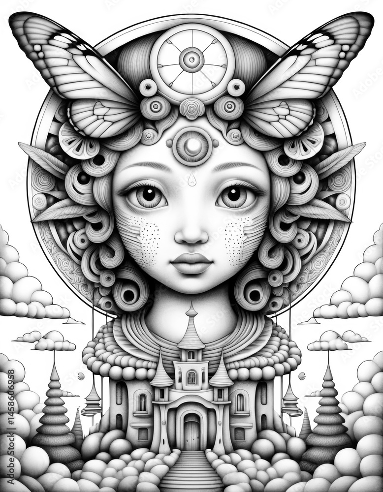 Surreal Portrait Coloring Page Illustration