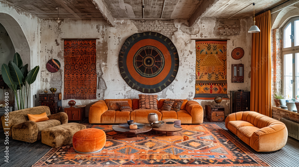 Living room interior design with a mix of vintage and modern furniture