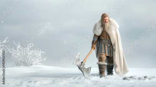 Wallpaper Mural Warrior in Snowy Landscape Holding Massive Axe with Dramatic Fur Cloak Torontodigital.ca