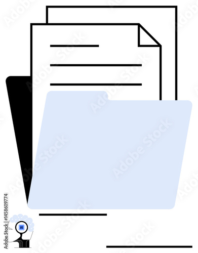 Folder overlaying stacked documents symbolizes organization and record-keeping for business, office, education, storage, research, legal processes. Ideal for file storage system, simple landing page