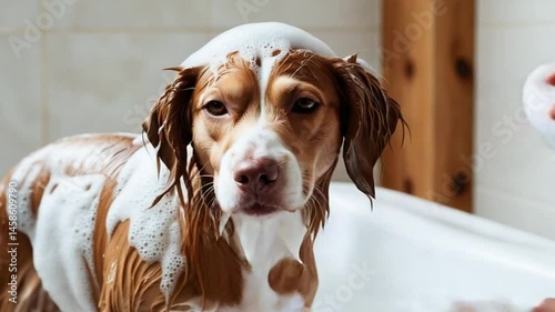 Cute Dog Getting a Bath in Tub