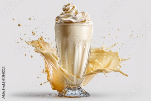 A creamy vanilla milkshake explodes from its glass, creating a stunning, dynamic splash of liquid.