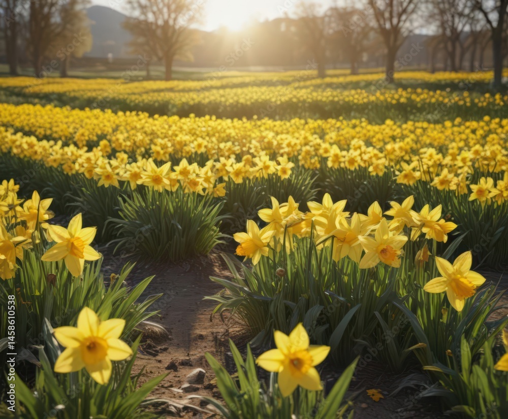 Fototapeta premium Sunlit daffodil field, vibrant yellow blooms, springtime freshness, macro, field, blossom