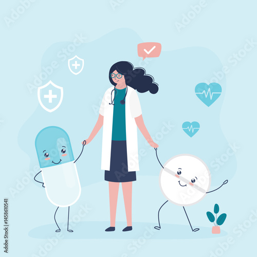 Female doctor holding pill and capsule medicine. Cartoon characters with happy face. Funny capsule of vitamin, antibiotic or painkiller pill.