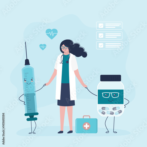 Female doctor holding syringe and bottle of medicine. Cartoon characters with happy face. Funny tools, antibiotic or painkiller pill. Medicine and pharmacy mascot.