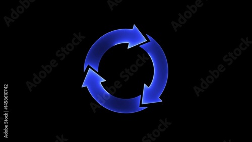 Circular cycle diagram with three curved blue arrows forming a loop on black background, futuristic flowchart concept, continuous process