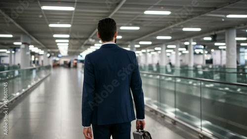 Wallpaper Mural Businessman Walking Through Modern Airport Terminal - A businessman in a dark blue suit walks away from the camera down a long hallway in a modern airport terminal. He carries a briefcase in his hand. Torontodigital.ca