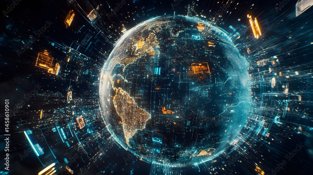 Obraz premium Digital representation of the world, overlaid with intricate technology patterns.