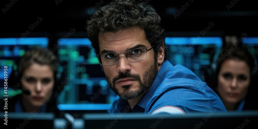Fototapeta premium A man with glasses and a blue shirt is looking at a computer screen. He is surrounded by other people who are also looking at the screen. Scene is serious and focused