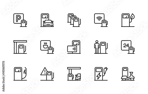 Petrol station related vector linear icons set. Isolated icon collection such as maintenance, wash, gas station, petrol pump and more.