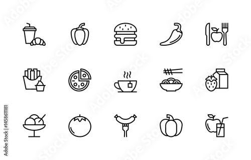 Food related vector linear icons set. Isolated icon collection such as croissant, drinks, pepper, burger, apple and more.