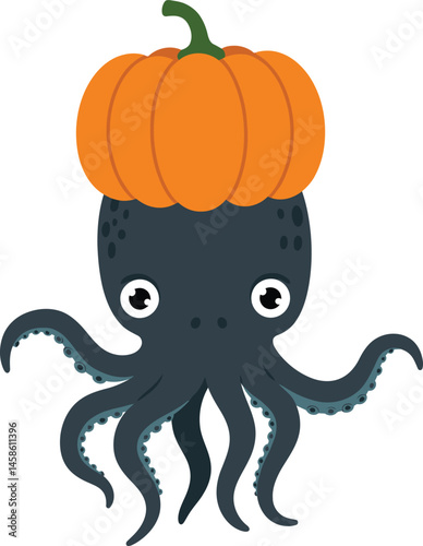 Cute Cartoon Octopus with Pumpkin Hat - Halloween Illustration