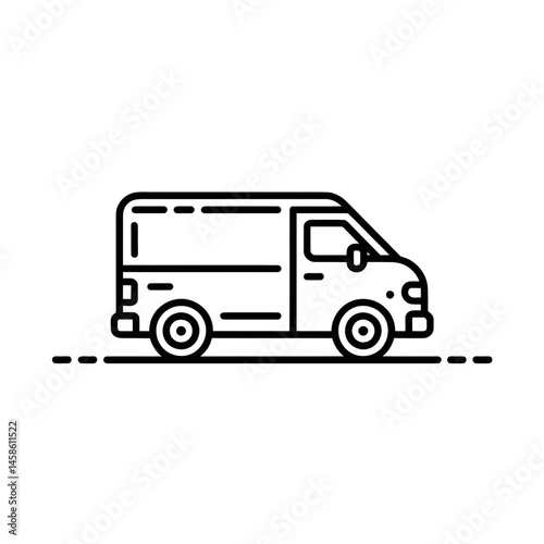 A simple black line drawing depicts a van in profile view, highlighting its outline and essential features.