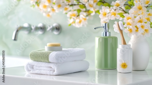 Bathroom counter with a toothbrush holder and folded towels for a tidy and welcoming vibe.