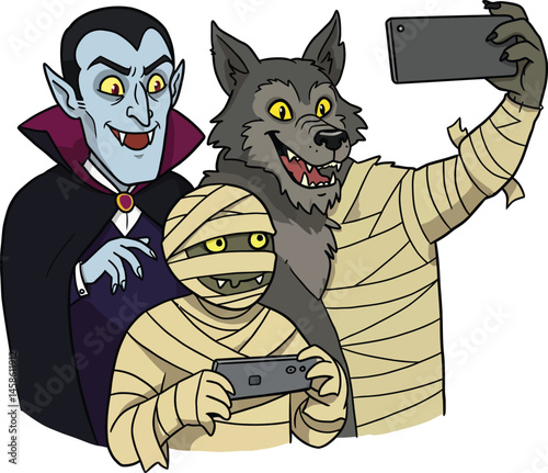 Halloween Monsters Taking a Selfie - Cartoon Vampire, Werewolf, and Mummy