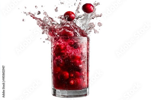Cranberries splash out of a glass of juice, creating a dynamic and refreshing scene on white.