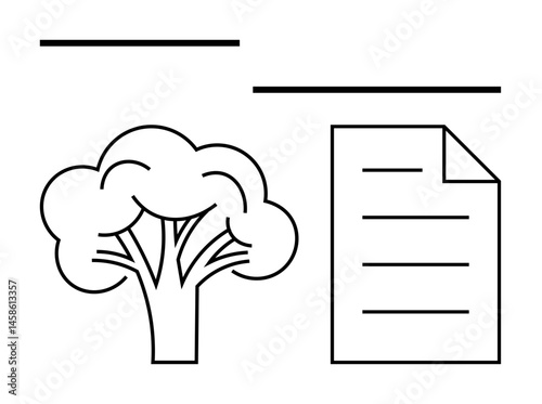 Tree and document outline suggest harmony between environment and knowledge. Ideal for sustainability, environment, education, documentation, ecological planning, conservation, flat simple metaphor