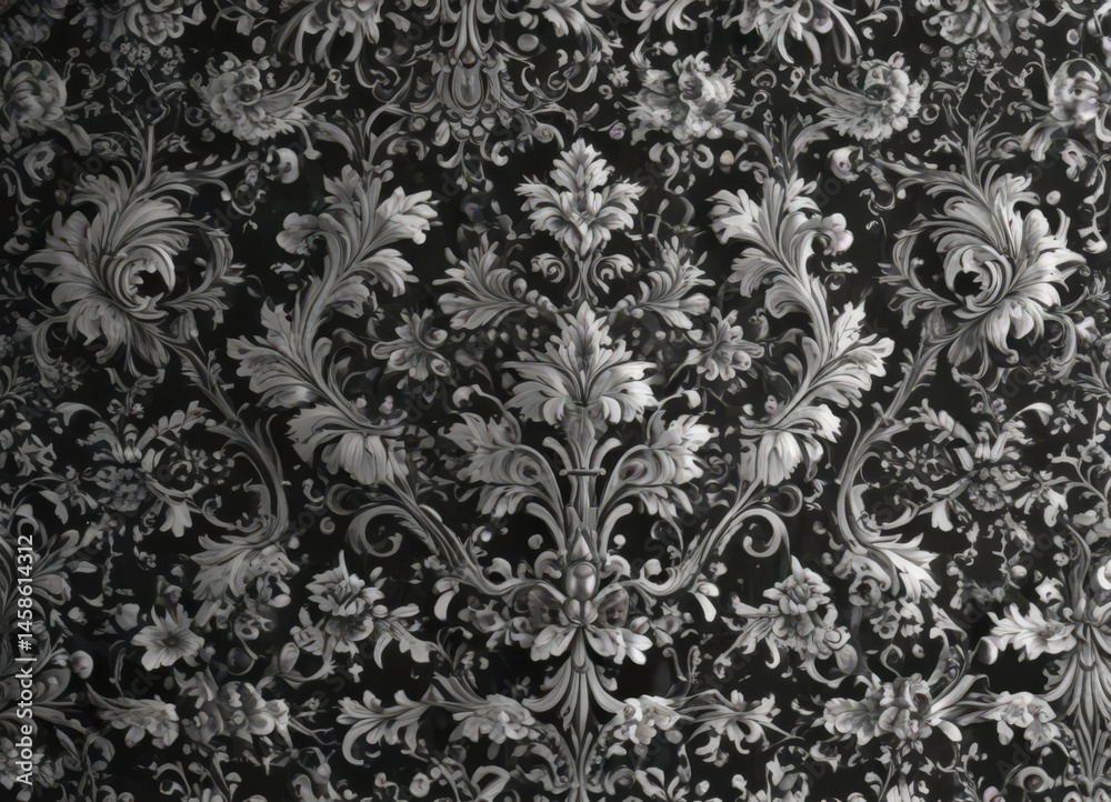 Intricate black & white damask, refined floral details , monochrome, white Intricate black & white damask, refined floral details , monochrome, white