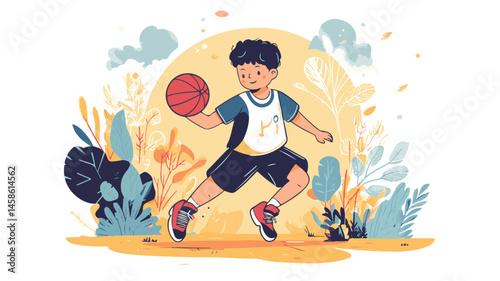 Boy Dribbling Basketball With Creative Plants And Background In Cartoon Style Illustration