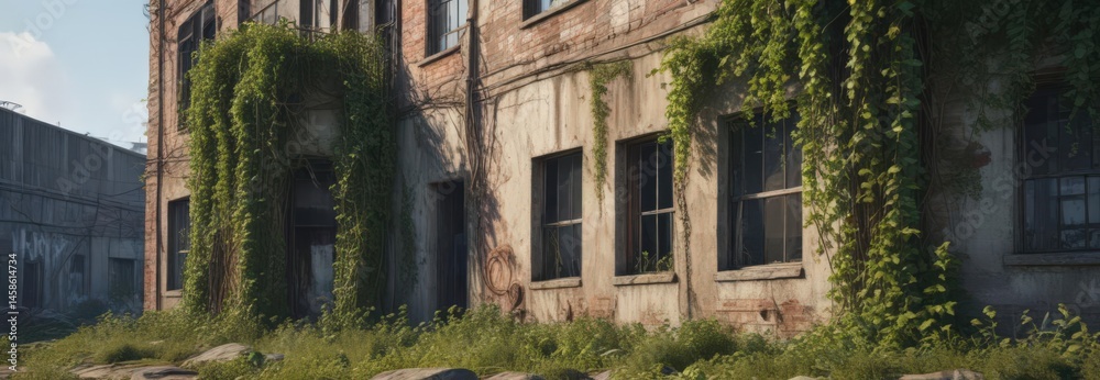 Fototapeta premium Overgrown vines clinging to a decaying industrial building , decay, industrial landscape