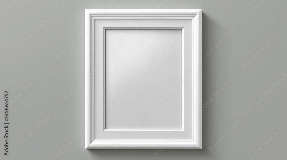 A blank white picture frame hangs on a plain gray wall, ready for artwork or a photo. A blank white picture frame hangs on a plain gray wall, ready for artwork or a photo.