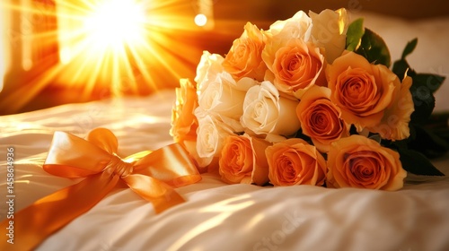 Fototapeta Naklejka Na Ścianę i Meble -  Romantic Sunrise Bouquet: A dozen orange and white roses rest on a soft bed, bathed in the warm glow of the morning sun.  A satin ribbon adds a touch of elegance.