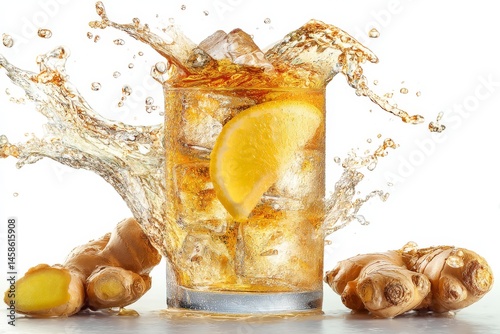 Dynamic shot of ginger ale cocktail with lemon wedge, ice cubes, and ginger root, splashes.