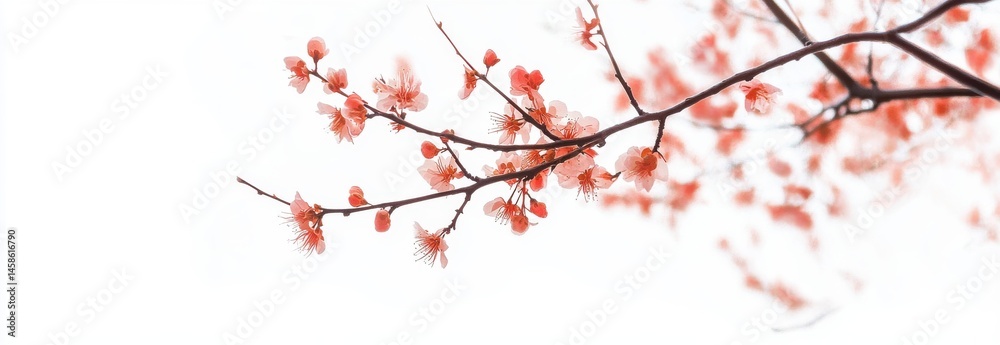 Delicate Red Blossoms on Branch Against White Background Delicate Red Blossoms on Branch Against White Background